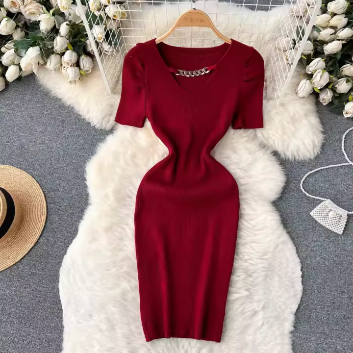 Vestido De Verano Con Diseño De Cadena Y Mangas Cortas Estilo Coreano Ajustado Para Mujer Vestido De Fiesta Mini De Cintura Alta Con Cierre Pullover - 1