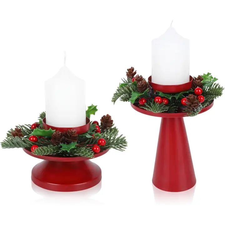 2 candelabros navideños rojos, candelabros navideños de pino y bayas, candelabros vintage de metal para mesa navideña - 1