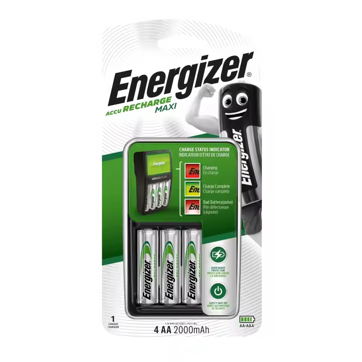 Energizer - Cargador MAXI con capacidad de 4 pilas AA y AAA, 2000 mAh, con indicador de la carga de la pila, auto-desconexión evitando sobrecarga - 1