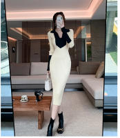 Vestido Elegante De Lana Con Bloque De Colores Y Encaje H Han Queen Para Oficina Y Fiesta Vestido Largo De Manga Larga Para Mujer Moda Otoño - details 1