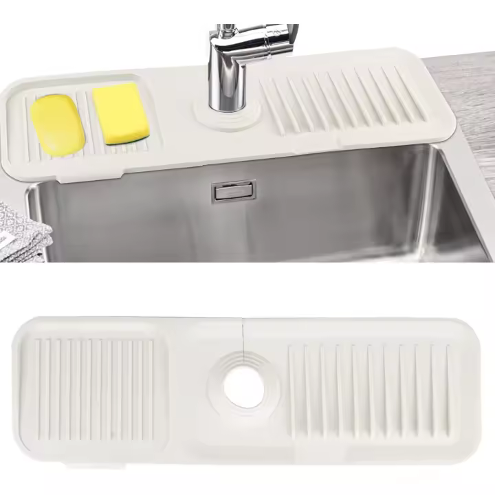Protector contra salpicaduras del fregadero, estera del grifo del fregadero del silicón accesorios del fregadero estera absorbente del grifo para la cocina, cuarto de baño (blanco) - 1