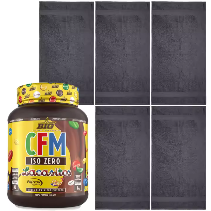 Pack entrenamiento Lacasitos - Aislado de proteína de suero 1 kg + 5 Toallas 100% algodón Gris oscuro 50x90 cm. - 1