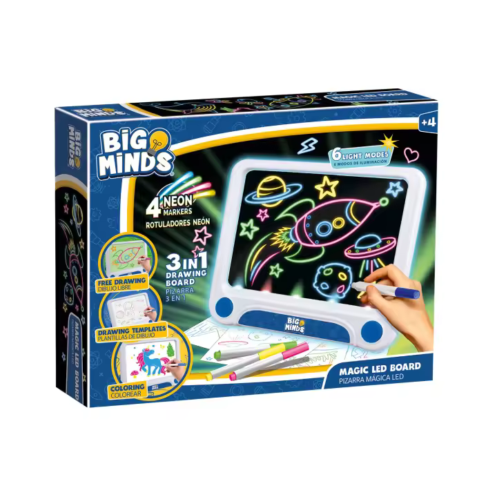 Big Minds - Pizarra Mágica LED | Pizarra Magnetica Infantil 3 en 1 con 4 Rotuladores, 12 Plantillas, y 6 Modos de Iluminación | Pizarra Infantil | Tablet Dibujo Niños | Pizarra Digital Interactiva - 1