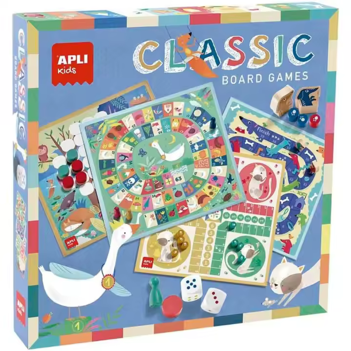 Apli 19147 Juegos reunidos 4 en 1, set de 4 juegos clásicos de mesa ilustrados: oca, parchís,escaleras y 4 en raya. +3a - 1
