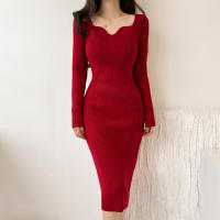Vestido Midi Bodycon De Lana Para Mujer Seoulish Otoño Invierno Con Cuello Cuadrado Y Manga Larga Estilo Elegante Oficina - details 2