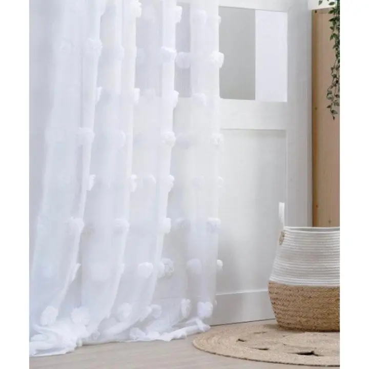 Visillo con alegres pompones de color blanco de fácil colocación - 1
