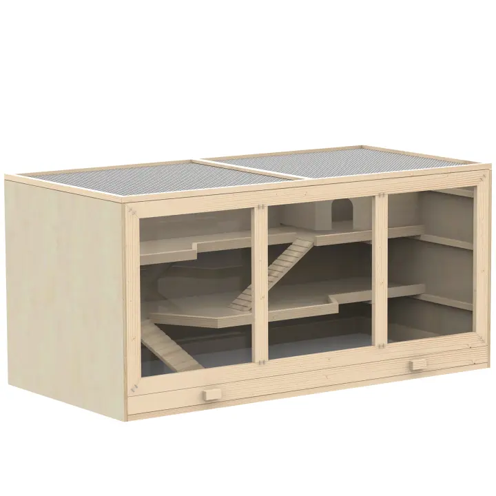 PawHut Jaula para Hámster de Madera Casa para roedores Pequeños con Bandeja Extraíble 2 Plataformas y Rampas 115x57x55 cm Madera Natural - 1