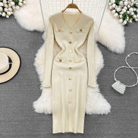 Vestido Midi De Punto REALEFT Para Mujer Con Cuello En V Manga Larga Y Falda Frontal Solta Estilo Casual Color Sólido Otoño Invierno - details 25