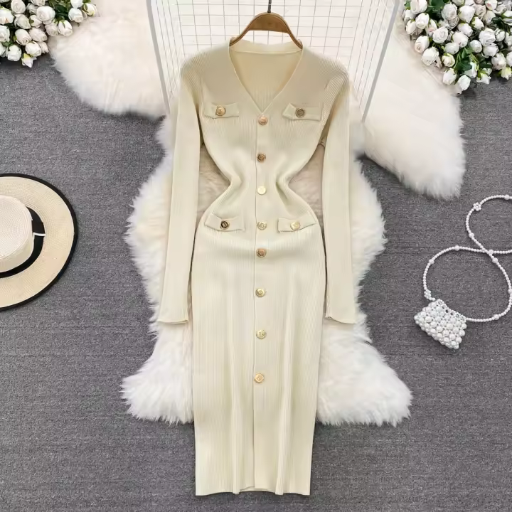 Vestido Midi De Punto REALEFT Para Mujer Con Cuello En V Manga Larga Y Falda Frontal Solta Estilo Casual Color Sólido Otoño Invierno - 1