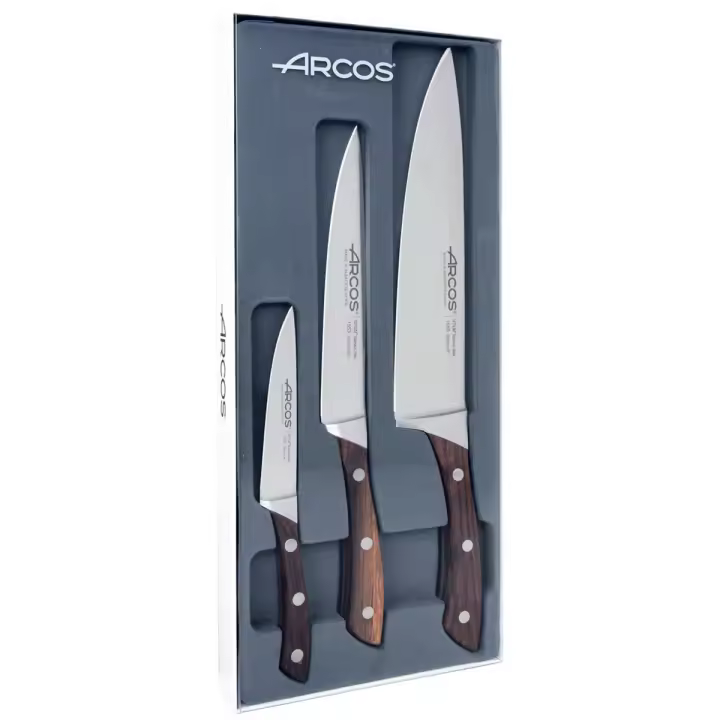 ARCOS Natura - Set 3 Cuchillos de Cocina (100, 160 & 200 mm) - Hoja de Acero Inoxidable Forjado Nitrum® - Mango de Madera de Palisandro - 1