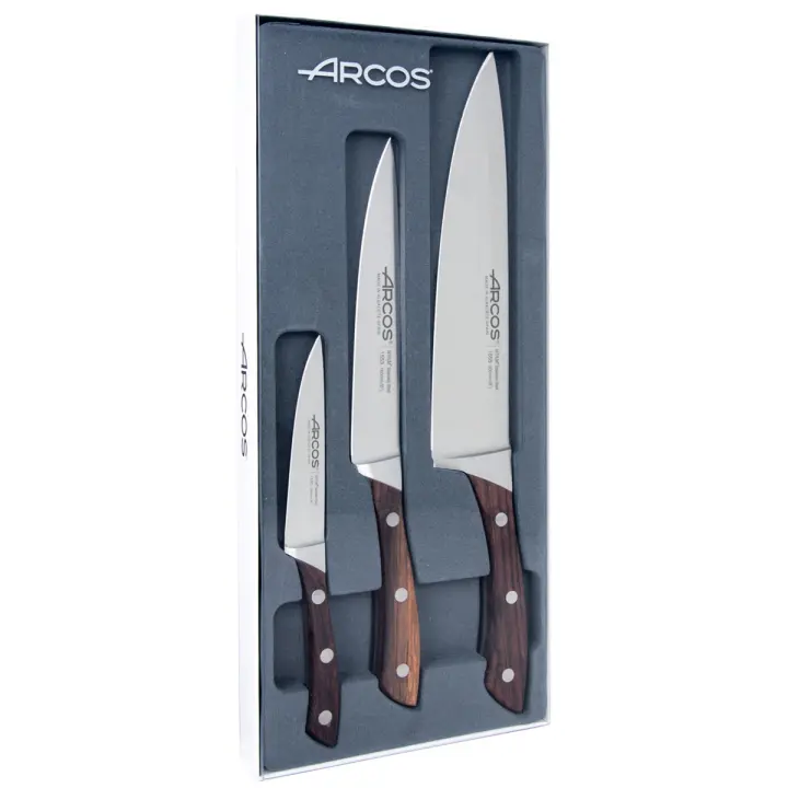 ARCOS Natura - Set 3 Cuchillos de Cocina (100, 160 & 200 mm) - Hoja de Acero Inoxidable Forjado Nitrum® - Mango de Madera de Palisandro - 1