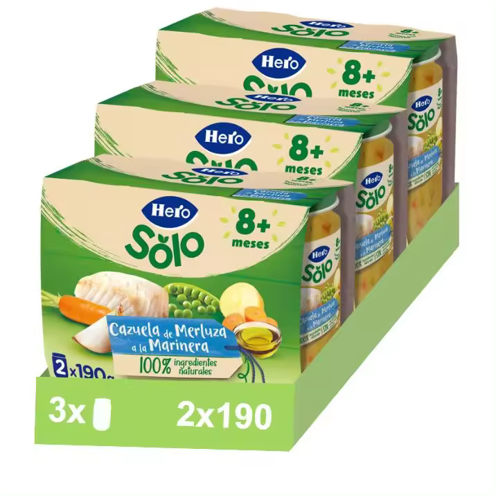Hero Baby Pack Tarritos de Cazuelita de Merluza a la Marinera. Para Bebés de a Partir de 8 meses. 3 Packs de 2x190gr - 1