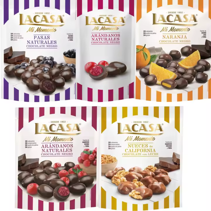 Lacasa Mi Momento pack de 5:Arándano choco Negro 60G,Arándano choco Negro 125G,Nueces Leche 115G,Pasas choco Negro 150G,Naranja choco Negro 125G - 1