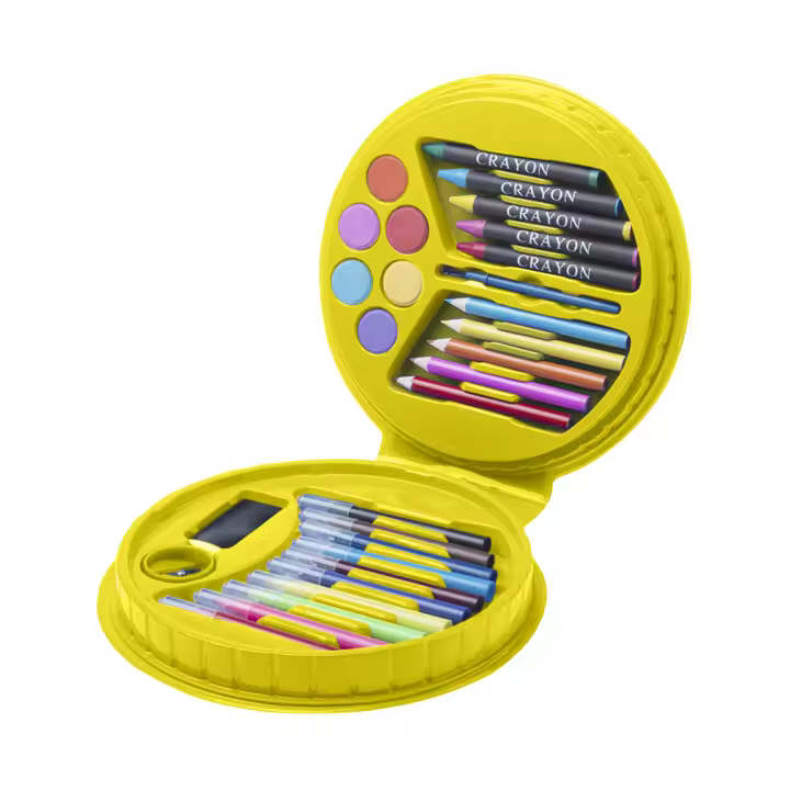DAM Trinen: Set de 29 piezas de dibujo y pintura, en estuche de diseño circular 18x3,5x18,5 Cm. Color: Amarillo - 1