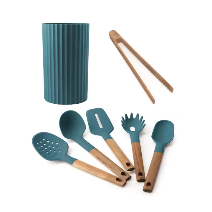 MasterChef MCA-BO Bote con 6 Utensilios de Cocina de Madera y Silicona Azul Pavo - 1