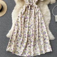 Vestido Midi Elegante De Verano Para Mujer Con Cuello En V Estampado Floral Manga Acolchada Cintura Alta Botones Vestido De Playa Rojo/Amarillo/Negro - details 18