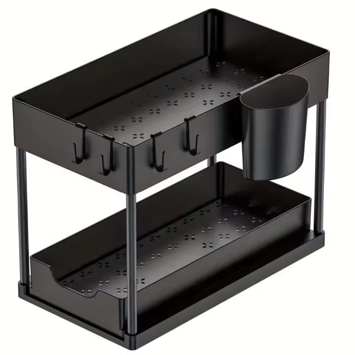 Organizador De Baño Y Cocina Con Dos Cajones Deslizantes Y Ganchos Estante De Almacenamiento Multifuncional Para Fregadero - 1