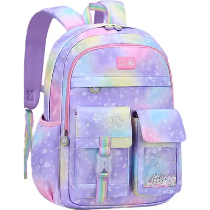 Bonita mochila informal y colorida para niñas, mochila para la escuela primaria de adolescentes, mochilas para libros de primaria para adolescentes, morado degradado, L - 1