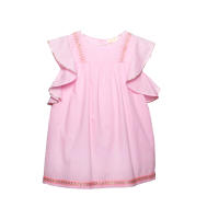 Vestido Niña Rosa 100% Algodón Petit Alo -Manga Corta  con Volante - Bordados Étnicos en oro y rosa- Vivo Dorado - details 0