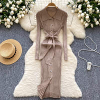 Vestido De Punto Para Mujer REALEFT Otoño Invierno Con Cinturón Cuello Polo De Mano Sola Manga Larga Ajuste Cintura Alta Vestido De Trabajo - details 1