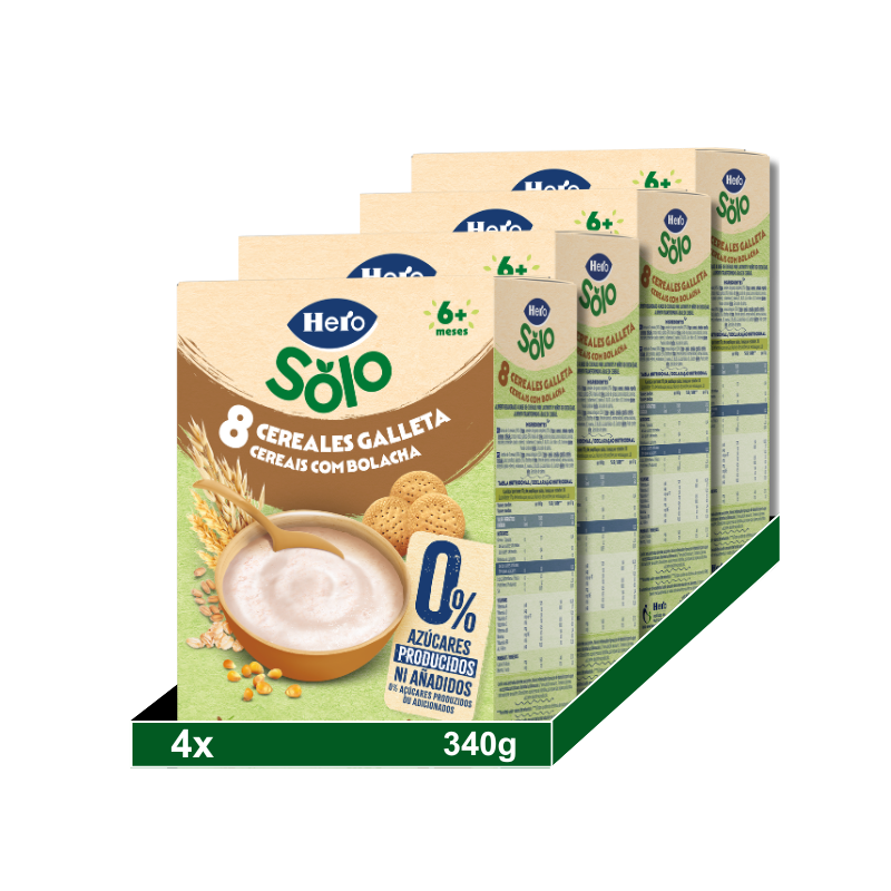Hero Solo Pack Papillas 8 Cereales con Galleta María. 0% azúcar producido ni añadido. Pack 4x340gr