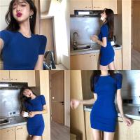 Vestido Corto De Mujer Estilo Casual Sólido Bodycon Azul Manga Corta Algodón Y Spandex Ajustado Cuello En V Longitud Mini - details 2