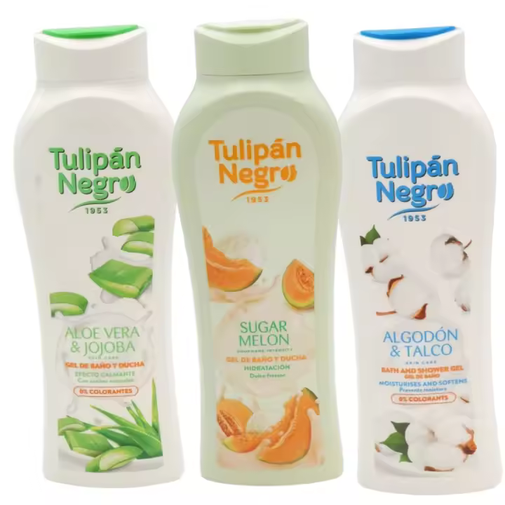 PACK DE 3 GELES DE DUCHA TUPLIPAN NEGRO. Gel Aloe Vera y Jojoba 650 ml + Gel Algodón y Talco 650 ml + Gel Sugar Melon 650 ml CUIDA TU PIEL CON EL TULIPAN NEGRO GEL DE BAÑO - 1