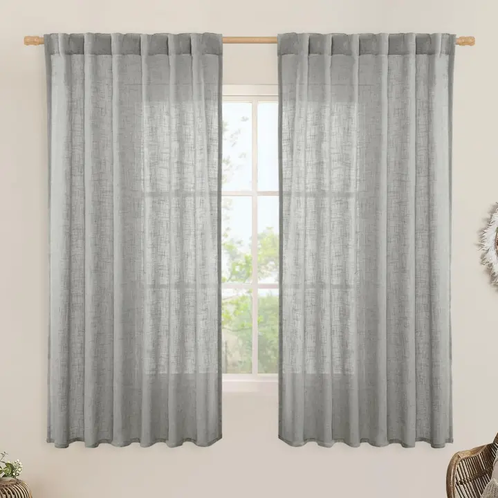 63 Inch Sheer Linen Window Curtains, Light Filtering Panels Back Tab and Rod Pocket Neutral Drapes for Bedroom/Living Room, Brown, 2 Panels, 34 x 63 Inch - 1