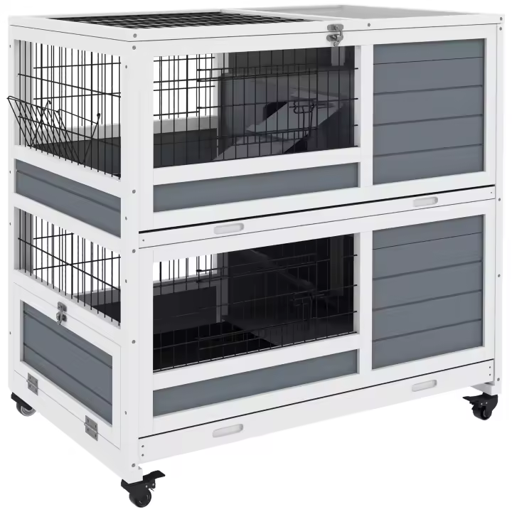 PawHut Conejera de Madera con Ruedas 90x53x97 cm Jaula para Conejos de 2 Niveles con Techo Abatible Bandeja Extraíble Comedero y Rampa Gris y Blanco - 1