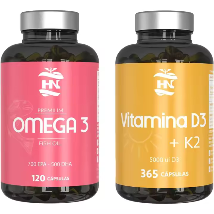 HN Healthy Nutrition Pack Omega 3 Aceite de Pescado (120 Perlas) + Vitamina D3 5000 UI y K2 (365 Cápsulas) - 1