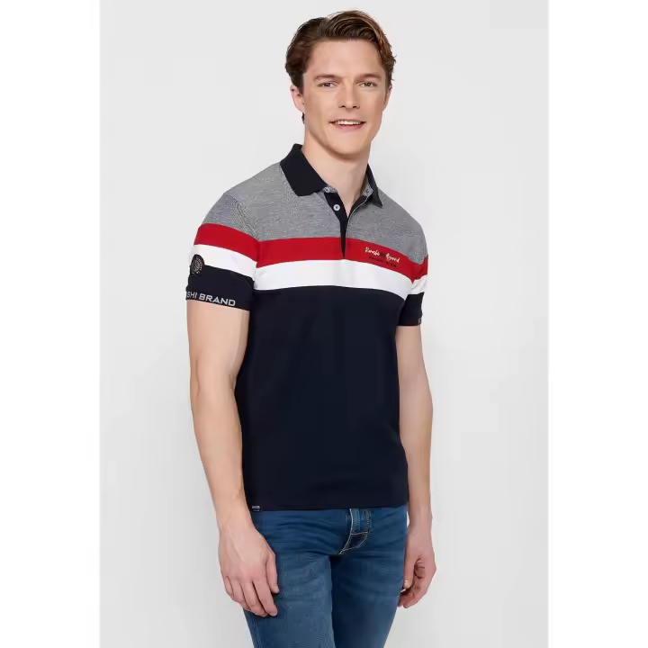 Polo de manga corta Koroshi 100% algodón, detalle de rayas en el pecho, color azul marino para hombre - 1