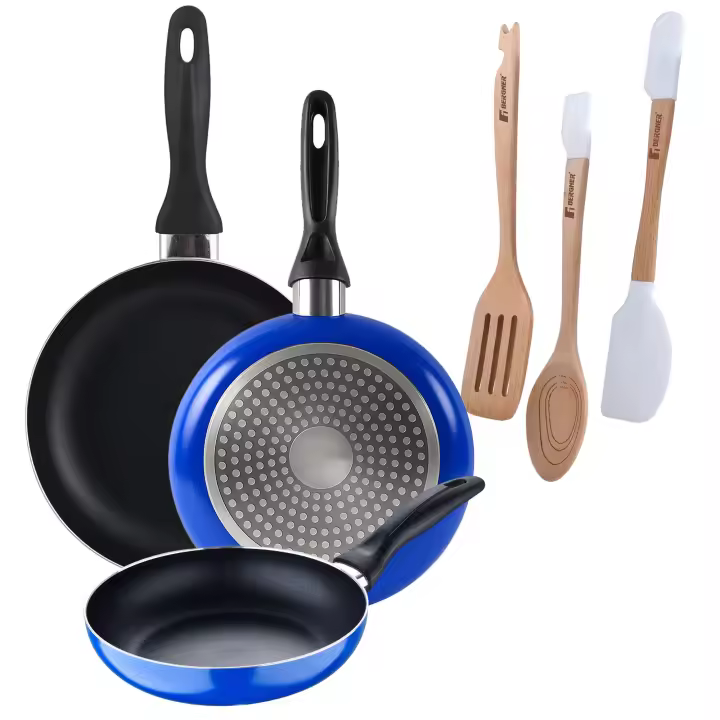 Set 3 sartenes San Ignacio (16+20+24cm) aluminio prensado ind azul+Delantal de Cocina Gris oscuro 100% Algodón 75x80cm - 1