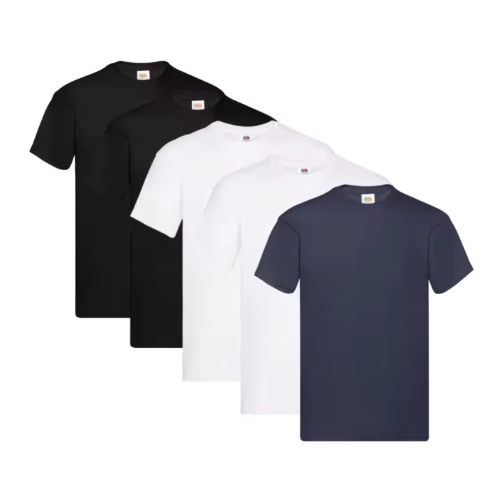 Fruit of the Loom Original - Camiseta Manga Corta para Hombre (Pack de 5 unidades) - 2 Negro / 2 Blanco / 1 Azul Intenso - 1