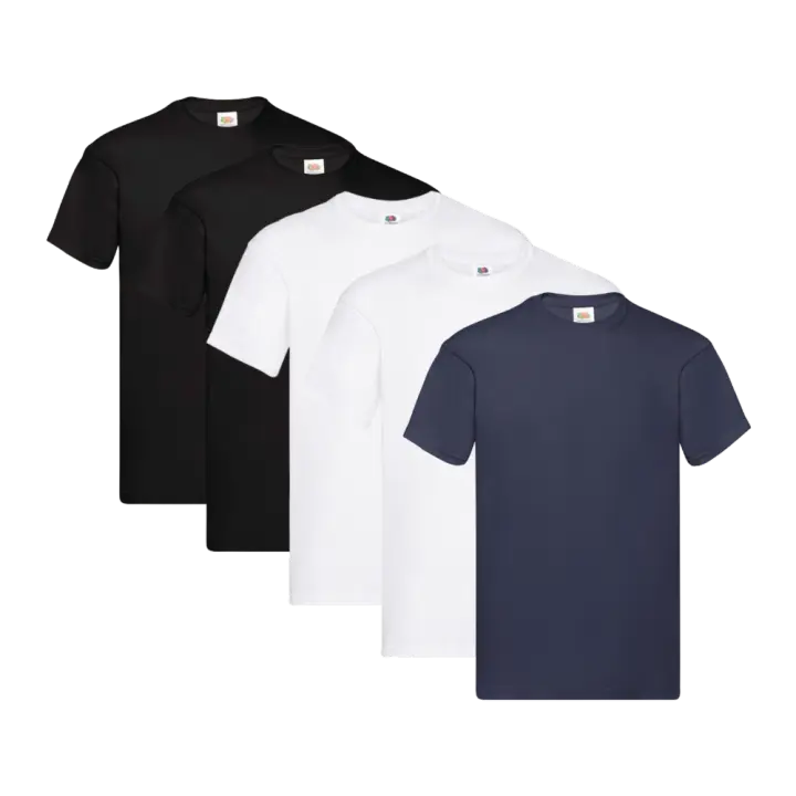 Fruit of the Loom Original - Camiseta Manga Corta para Hombre (Pack de 5 unidades) - 2 Negro / 2 Blanco / 1 Azul Intenso - 1