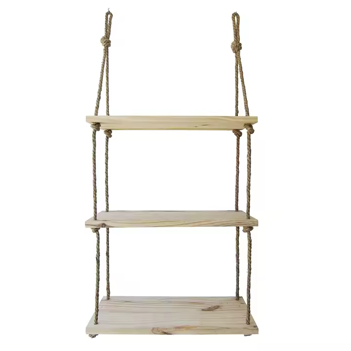 Gilcoex, Estantería madera pared, Estantería madera con cuerdas, Estante 3 baldas de estilo nórdico, Estantería almacenaje para plantas, libros, cuadros. - 1