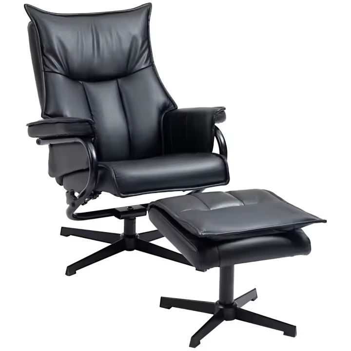 HOMCOM Sillón de relax con taburete, sillón de descanso giratorio, sillón de TV con función reclinable, sillón de TV con respaldo inclinableEhne, para sala de estar, oficina, cuero sintético, acero, negro - 1
