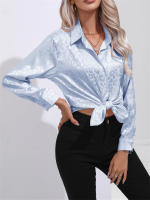 Camisa De Satén Para Mujer Con Cuello Band-collar Y Botones Manga Larga Leopardo Elegante Blusa Casual De Edad Media - details 10