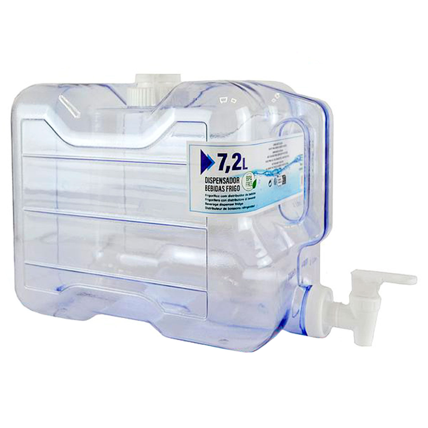 Tradineur - Dispensador de bebidas de plástico, reutilizable, botella con grifo y asa, recipiente para servir agua, bebidas frías, refrescos, frigorífico, nevera (7,2 litros - 21 x 16,5 x 37,5 cm)