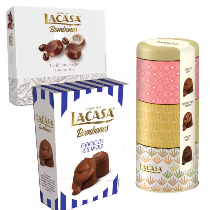 Pack Lacasa bombones chocolate con leche 72 G & bombones surtido lata 180 G & bombones café con leche 200 g - 1