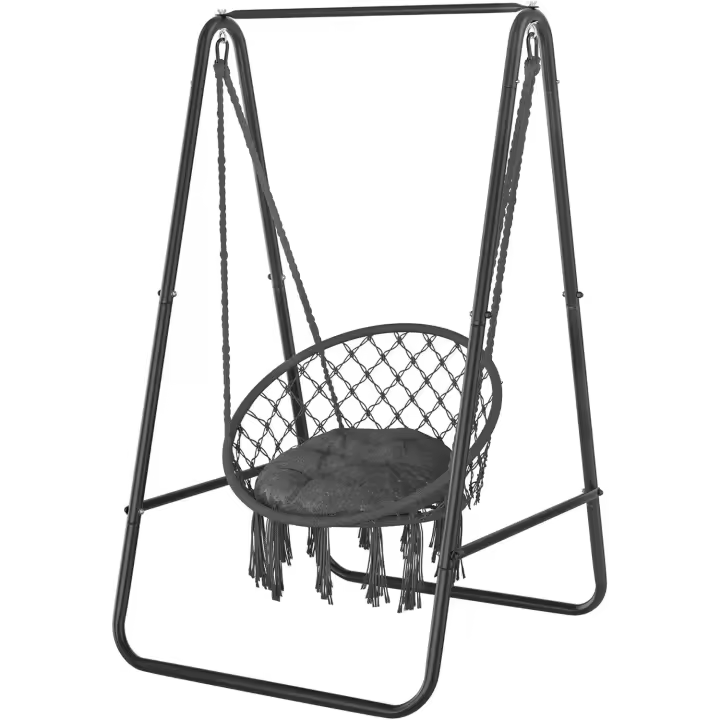 Silla Colgante con Soporte, Hamaca Colgante Exterior con Cojín 85x92x153cm, Soporte de Hamaca de Acero Resistente con Capacidad de 100kg para Dormitorio, Patio y Jardín, Gris - 1