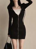 Vestido Mini Casual Solido Con Bolsillos Y Capucha Slim Para Mujer IAMSURE Manga Larga Otoño Invierno Moda Callejera - details 6
