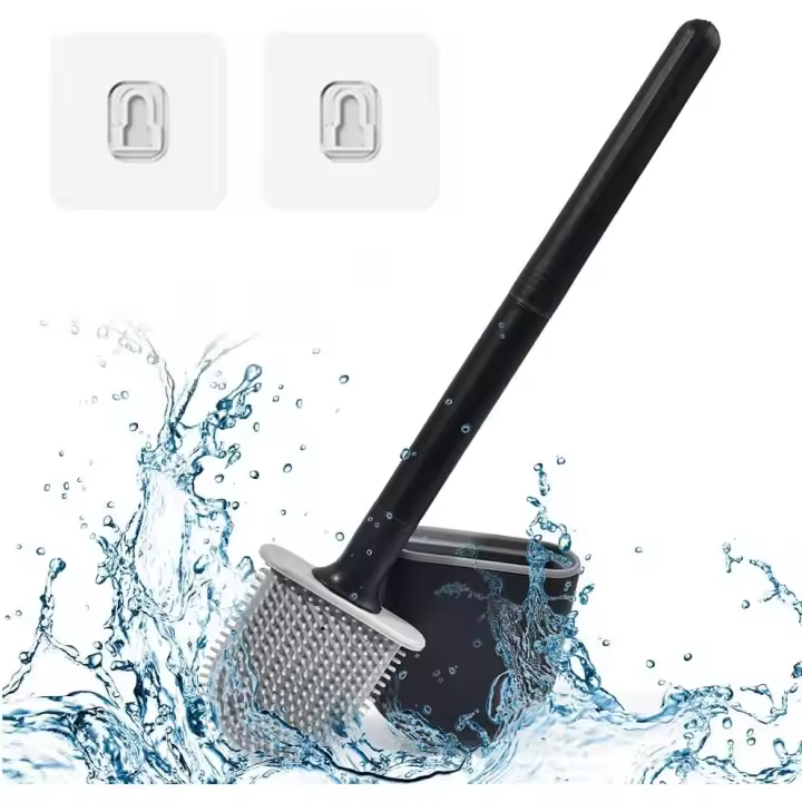 Escobillas de Baño Silicona, Cepillo de Baño y Soportes, Escobilla WC De Cabeza Plana De Limpieza Profunda,Accesorios BañO Negro - 1