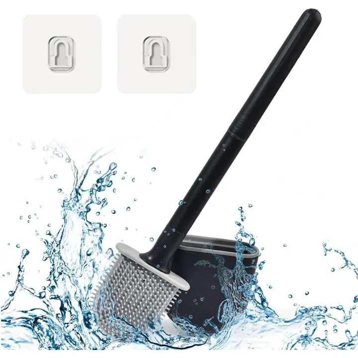 Escobillas de Baño Silicona, Cepillo de Baño y Soportes, Escobilla WC De Cabeza Plana De Limpieza Profunda,Accesorios BañO Negro - 1