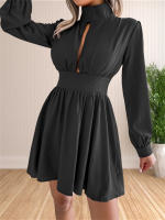 Vestido Mini De Cuello Alto Manga Larga Casual Para Mujer Vestido Swing Con Agujeros Ajuste Regular Polyester Estilo Sexy Y Club - details 16