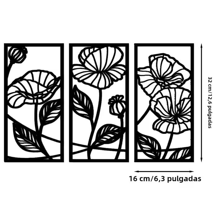 Decoración De Pared Minimalista Elegante En Negro Con Arte De Hierro Metálico 3 Panel Línea De Flor Moderna 3D Hueco Para Sala De Estar - 1
