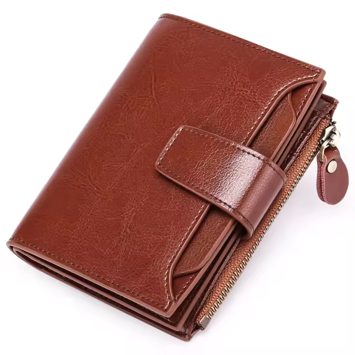 Cartera de piel para mujer con bloqueo RFID tamaño pequeño compacto se pliega en dos con cremallera y ventana para identificación - 1