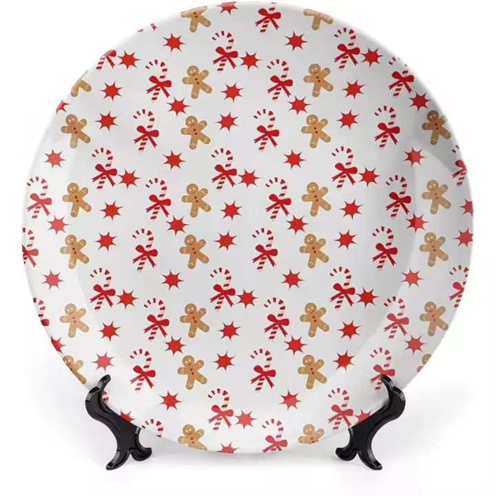 Plato decorativo de 6 pulgadas, plato de vajilla con diseño de hombre de jengibre, bastón de caramelo con pajaritas, figuras de estrellas rojas, adorno de cerámica para colgar en la pared, ideal para cenas elegantes, eventos de lujo, cenas, bodas y cateri - 1