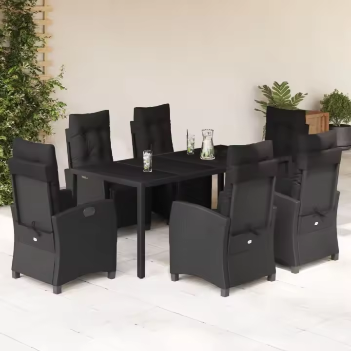 vidaXL Set de comedor de jardín 7 pzas y cojines ratán sintético negro - 1