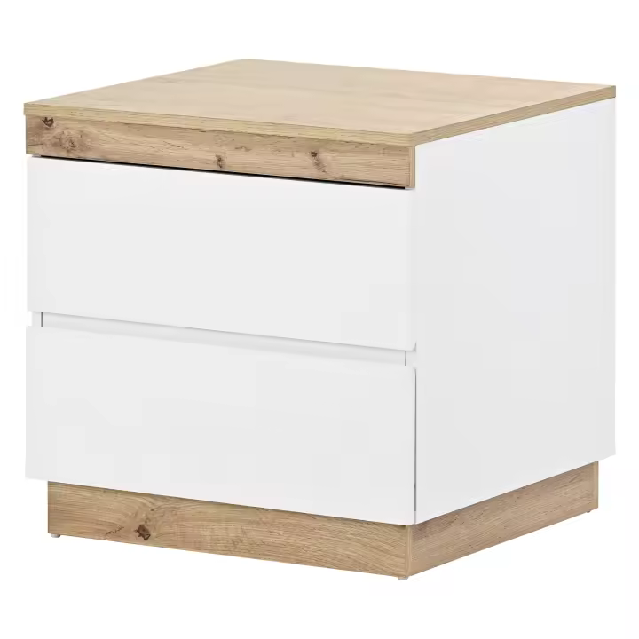 Mesillas de Noche, Mesillas de noche con dos cajones, Cómodas de Noche, Alojamiento, Dormitorio, Tabla aglomerado E1, Blanco + Roble - 1