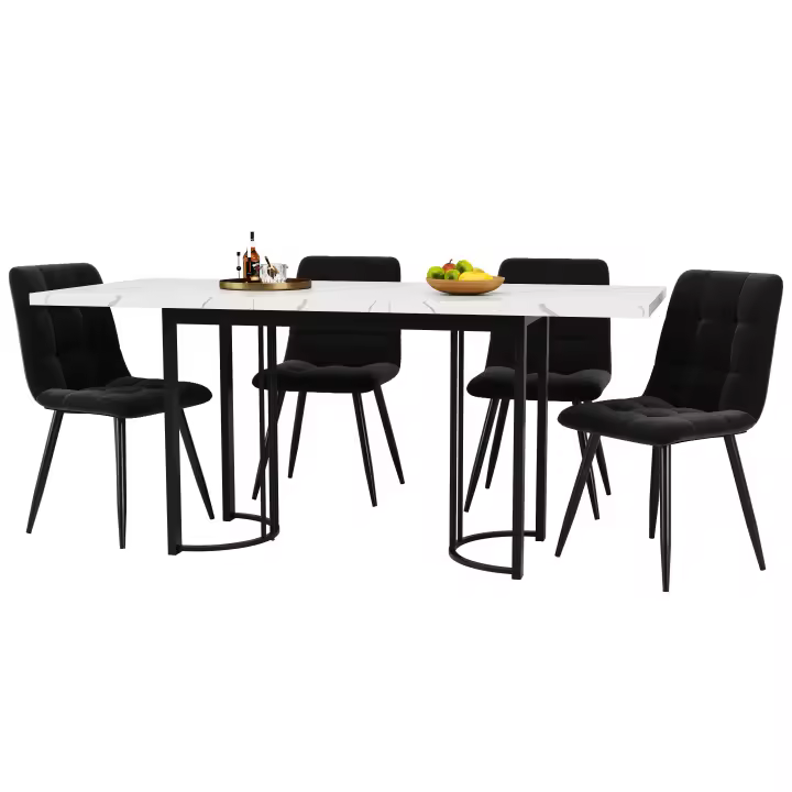 【Mejor venta】juego de Mesa de Comedor 5 piezas | Mesa retráctil para 4 personas (140 × 80cm) + 4 Sillas | Marco Metálico Robusto | Asiento en Terciopelo Negro | Diseño Moderno para Cocina y Comedo - 1